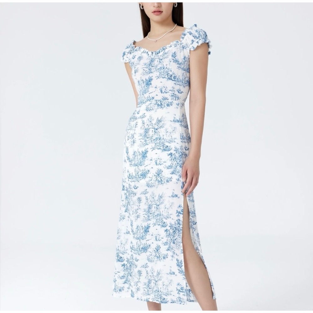 Cider Toile De Jouy Ruffle Midi Dress Blue White Scenic Print Slit Size M